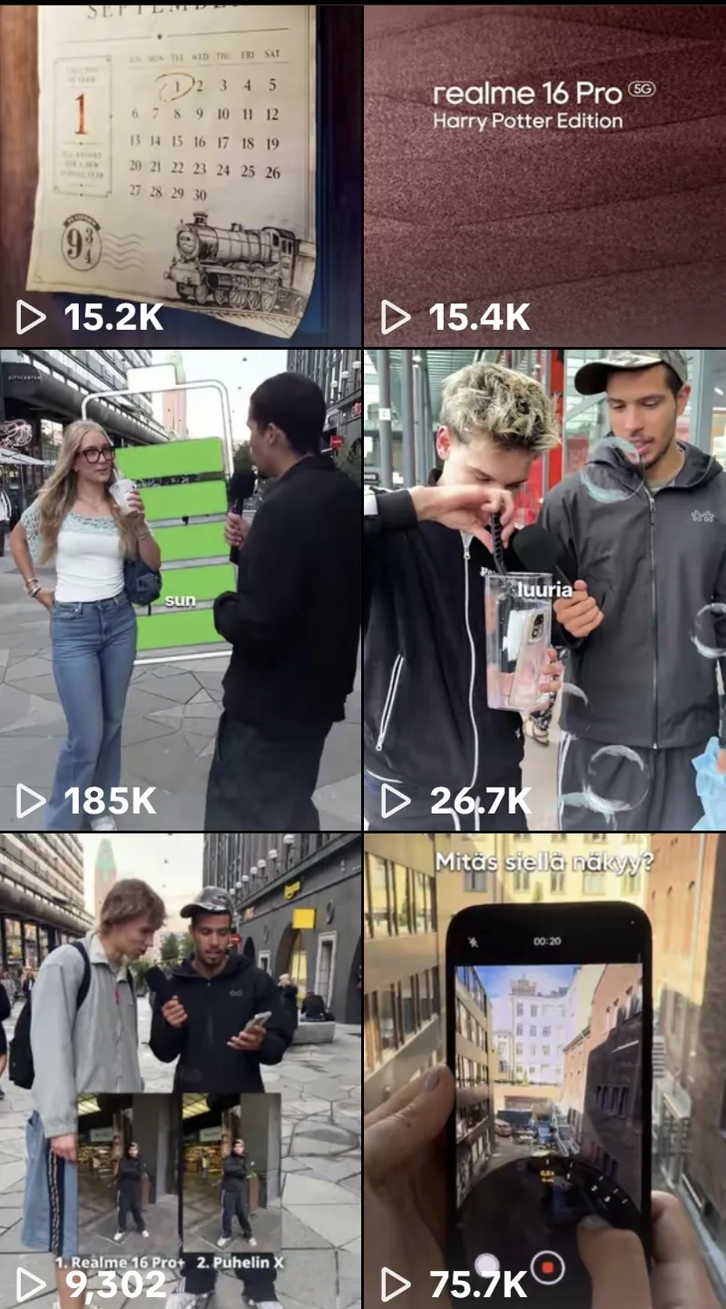 Realme Suomen TikTok-videoita, katselukerrat 15 tuhannesta 185 tuhanteen