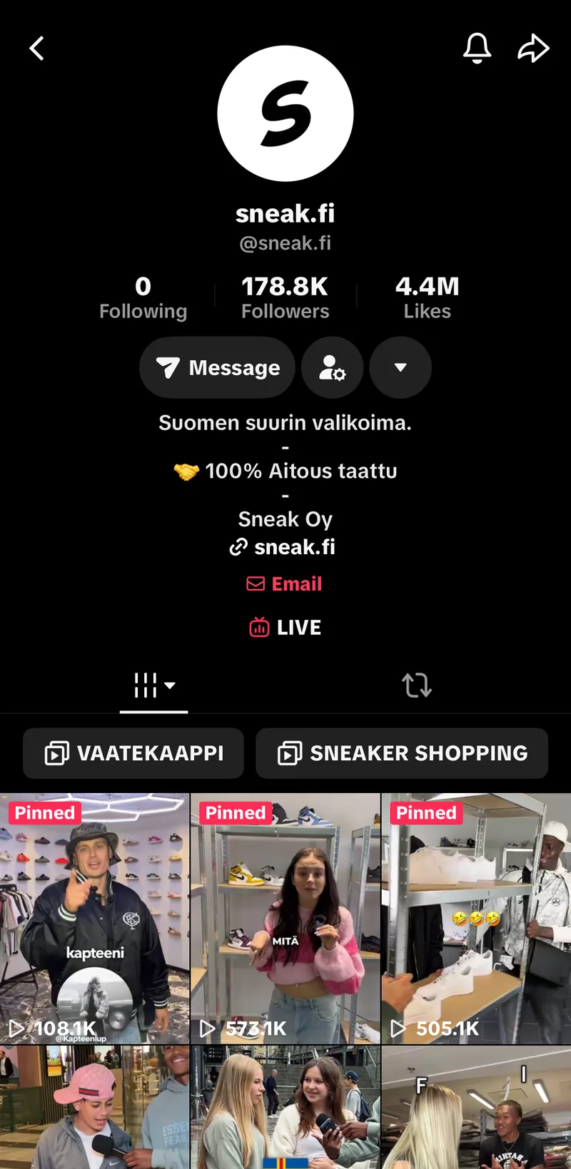 Sneak.fi:n TikTok-tili: 178,8 tuhatta seuraajaa ja 4,4 miljoonaa tykkäystä